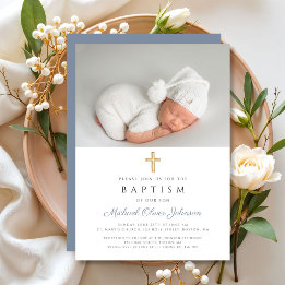 Invitación Cruz Religiosa Azul Polvoriento Niño Foto Bautizo