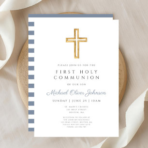 Invitación Cruz religiosa azul polvoriento niño primera comun