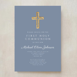 Invitación Cruz religiosa azul polvoriento niño primera comun