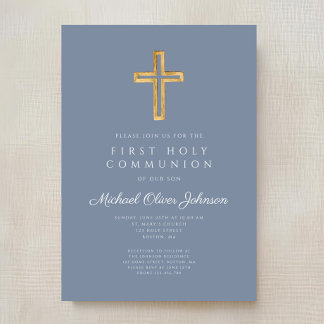 Invitación Cruz religiosa azul polvoriento niño primera comun