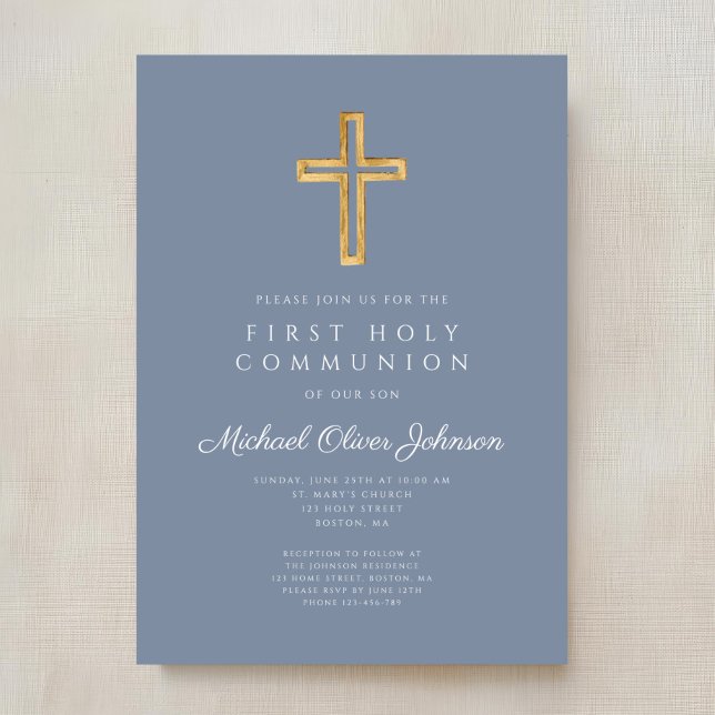 Invitación Cruz religiosa azul polvoriento niño primera comun (Dusty Blue Religious Cross Boy First Communion Invitation)