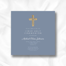 Invitación Cruz religiosa azul polvoriento niño primera comun