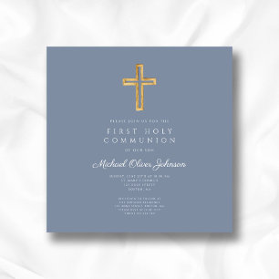 Invitación Cruz religiosa azul polvoriento niño primera comun