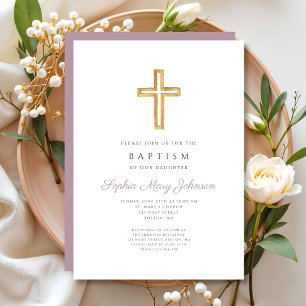 Invitación Cruz Religiosa Bautizo Niña Escritura Púrpura