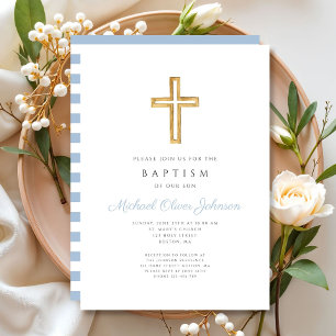 Invitación Cruz Religiosa Bebé Azul Escritura Niño Bautizo