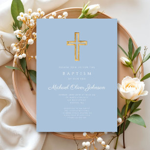 Invitación Cruz Religiosa Bebé Azul Escritura Niño Bautizo