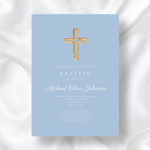 Invitación Cruz Religiosa Bebé Azul Escritura Niño Bautizo