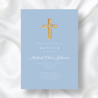 Invitación Cruz Religiosa Bebé Azul Escritura Niño Bautizo