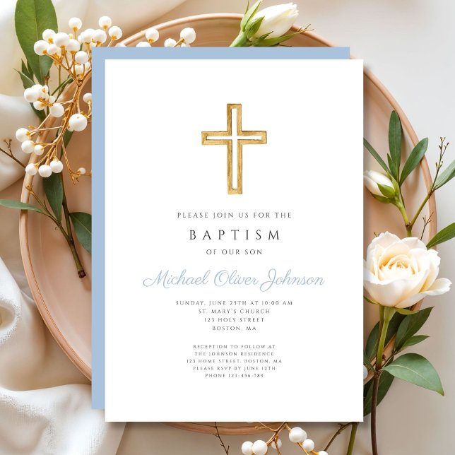 Invitación Cruz Religiosa Bebé Azul Script Niño Bautizo (Religious Cross Baby Blue Script Boy Baptism Invitation)