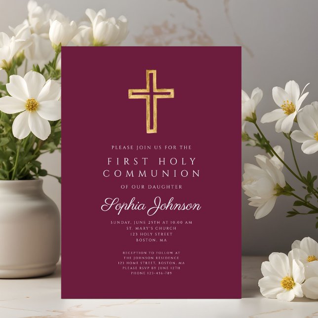 Invitación Cruz religiosa borgoña niño primera comunión (Burgundy Religious Cross Boy First Communion Invitation)
