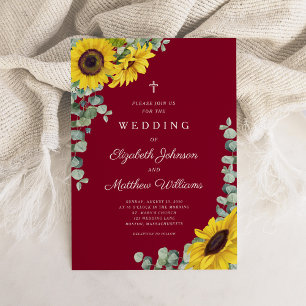 Invitación Cruz Religiosa Burgundy Floral Girasol Boda