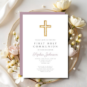 Invitación Cruz religiosa de escritura malva niño primera com