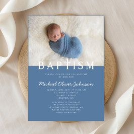 Invitación Cruz Religiosa de Foto Moderna Bautizo Niño Azul