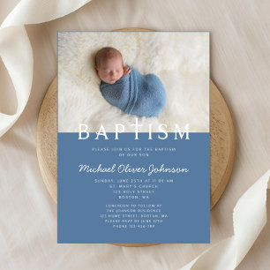 Invitación Cruz Religiosa de Foto Moderna Bautizo Niño Azul