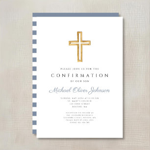 Invitación Cruz Religiosa de Rayas Azules Confirmación de Niñ