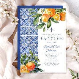Invitación Cruz Religiosa Elegante Baldosas Azules Bautizo