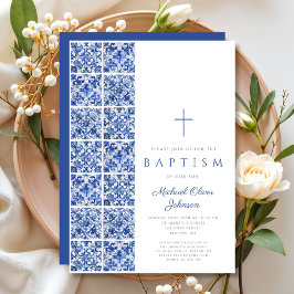 Invitación Cruz Religiosa Elegante Baldosas Azules Bautizo