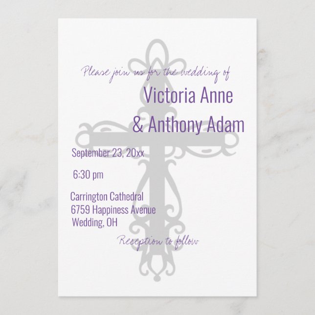 Invitación Cruz religiosa Elegante Boda Púrpura Cristiano (Anverso)