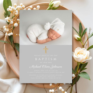 Invitación Cruz Religiosa Elegante Foto Bautizo