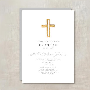 Invitación Cruz Religiosa Elegante Gris Escritura Niño Bautiz