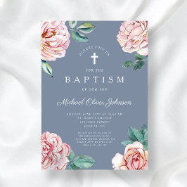 Invitación Cruz Religiosa Floral Azul Polvoriento Bautizo Niñ