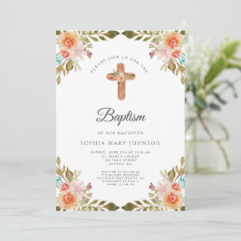 Invitación Cruz Religiosa Floral Bonita Bautizo Niña 