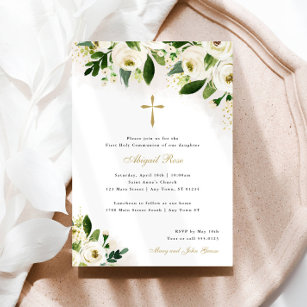 Invitación Cruz religiosa floral de color blanco y oro
