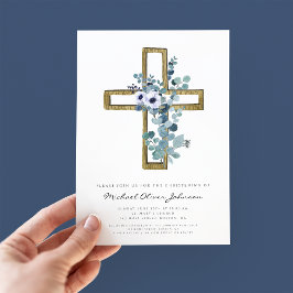 Invitación Cruz Religiosa Floral Eucalipto Bautizo Niño