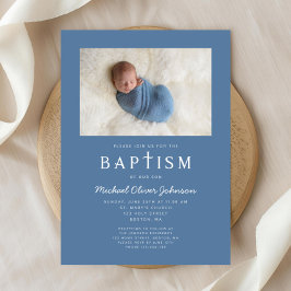 Invitación Cruz Religiosa Foto Azul Bautizo Niño