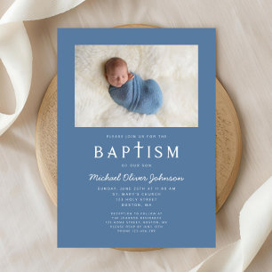 Invitación Cruz Religiosa Foto Azul Bautizo Niño
