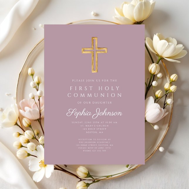 Invitación Cruz Religiosa Malva Niña Primera Comunión (Mauve Religious Cross Girl First Communion Invitation)