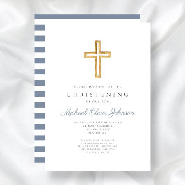 Invitación Cruz Religiosa Moderna Bautizo Rayas Azules