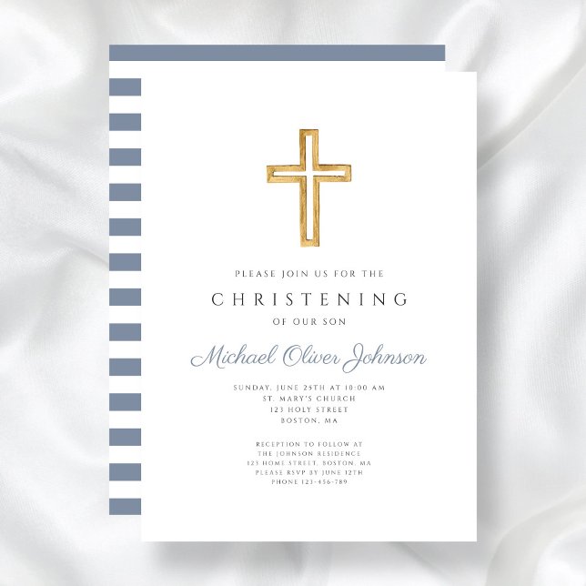 Invitación Cruz Religiosa Moderna Bautizo Rayas Azules (Modern Religious Cross Blue Stripes Christening Invitation)