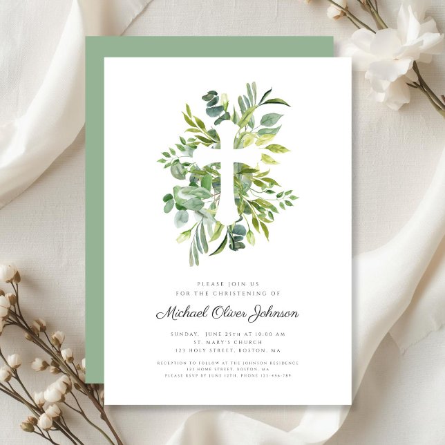 Invitación Cruz Religiosa Moderna de Vegetación Bautizo (Modern Religious Cross Greenery Christening Invitation)