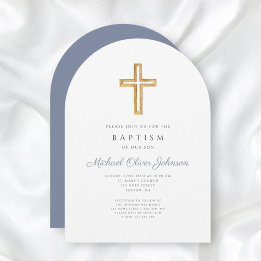 Invitación Cruz Religiosa Polvo Azul Escritura Niño Bautizo
