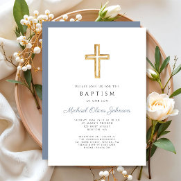 Invitación Cruz Religiosa Polvo Azul Niño Bautizo