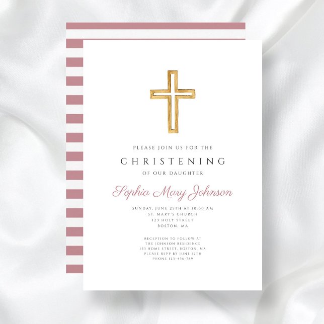 Invitación Cruz religiosa rosa moderna bautizo (Modern Pink Religious Cross Christening Invitation)