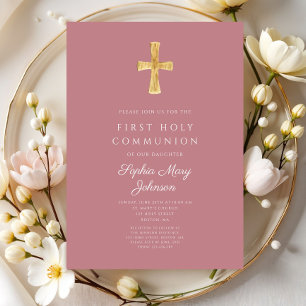 Invitación Cruz Religiosa Rosa Moderna Niña Primera Comunión