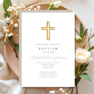 Invitación Cruz Religiosa Taupe Escritura Niño Bautizo