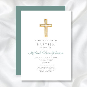 Invitación Cruz Religiosa Verde Escritura Niño Bautizo