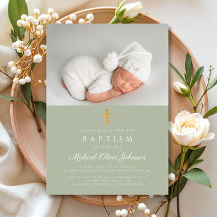 Invitación Cruz religiosa verde menta elegante foto Bautizo