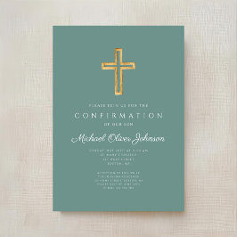 Invitación Cruz Religiosa Verde Moderna Confirmación Niño