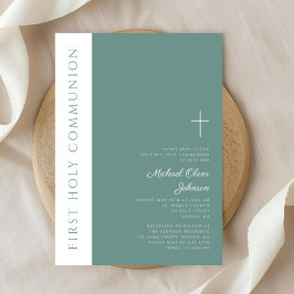 Invitación Cruz Religiosa Verde Moderna Niño Primera Comunión