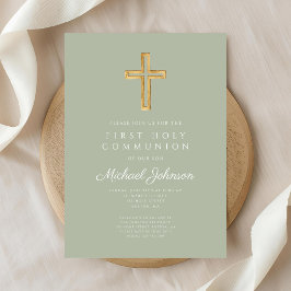 Invitación Cruz religiosa verde salvia niño primera comunión