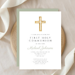 Invitación Cruz religiosa verde salvia niño primera comunión