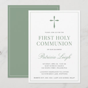 Invitación Cruz Religiosa, Verde Salvia Simple y Elegante