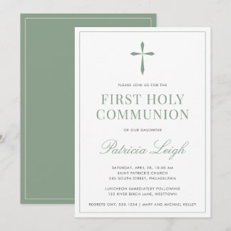 Invitación Cruz Religiosa, Verde Salvia Simple y Elegante