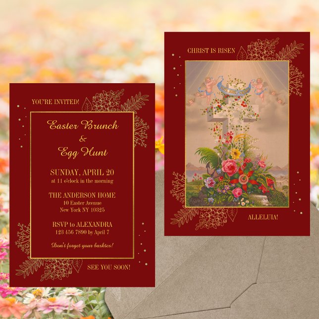 Invitación Cruz Roja Floral Cristiana Brunch Huevo de Pascua (Red Floral Cross Religious Christian Catholic Jesus Resurrection Easter Brunch Egg Hunt Invitation)
