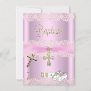 Invitación Cruz Rosa Bautizo Niña Encaje Bautismo
