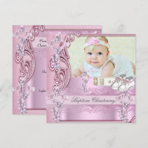 Invitación Cruz Rosa Bautizo Niña Foto bautizo